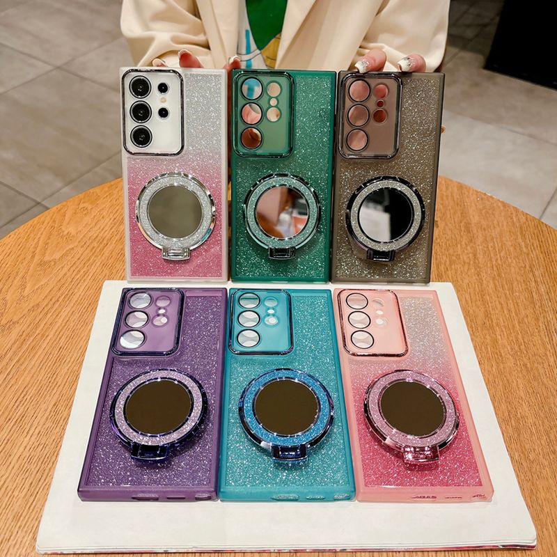 Makeup Mirror Phone Case For Samsung Galaxy A05 A05S A15 A35 A55 S22 S23 S24 Ultra Plus 5G Gradient Glitter Stand_voghion.com