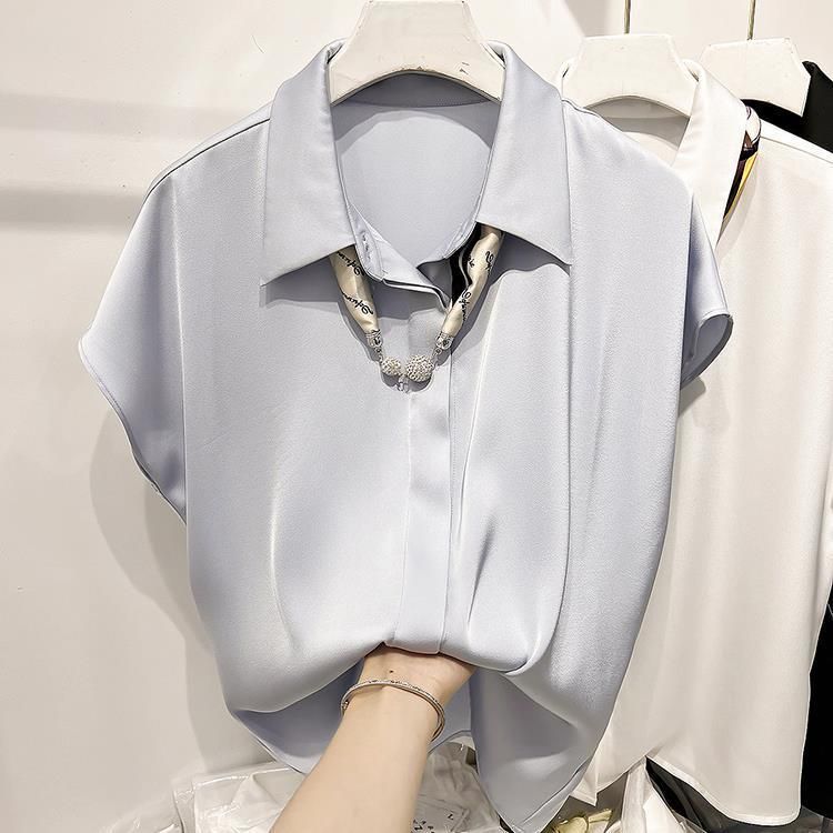 Camicia da donna estiva sottile con risvolto, in chiffon, a maniche corte, con decorazione in seta e sciarpa, stile temperamento_voghion.com