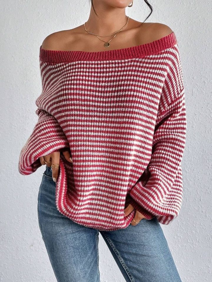 Women's Oversized Batwing Sleeve Striped Knit Sweater - Off-Shoulder Casual Pullover With Color Blocking, Comfortable & Stylish For Fall_voghion.com