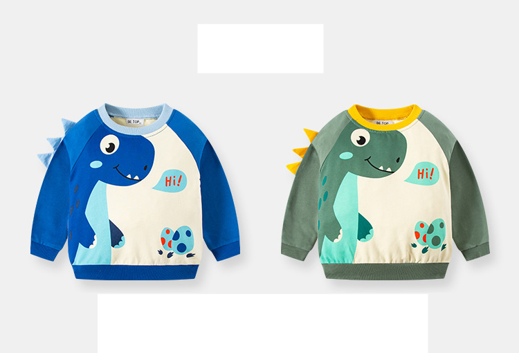 Primavera e outono das crianças dos desenhos animados dinossauro pulôver com capuz manga longa cor contraste em torno do pescoço tendência_voghion.com