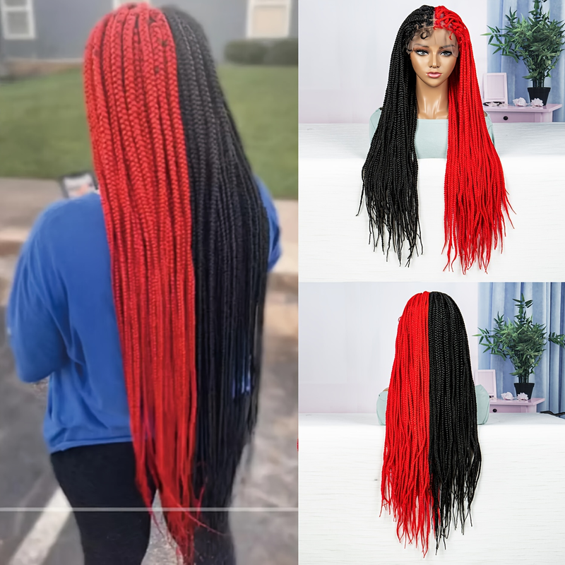 36 Inch Braided Wigs For Women 9x6 Lace Square Knotless Box Braid Wig Pre Plucked Premium Hand Cornrow Braids Half Black And Half Red Color_voghion.com