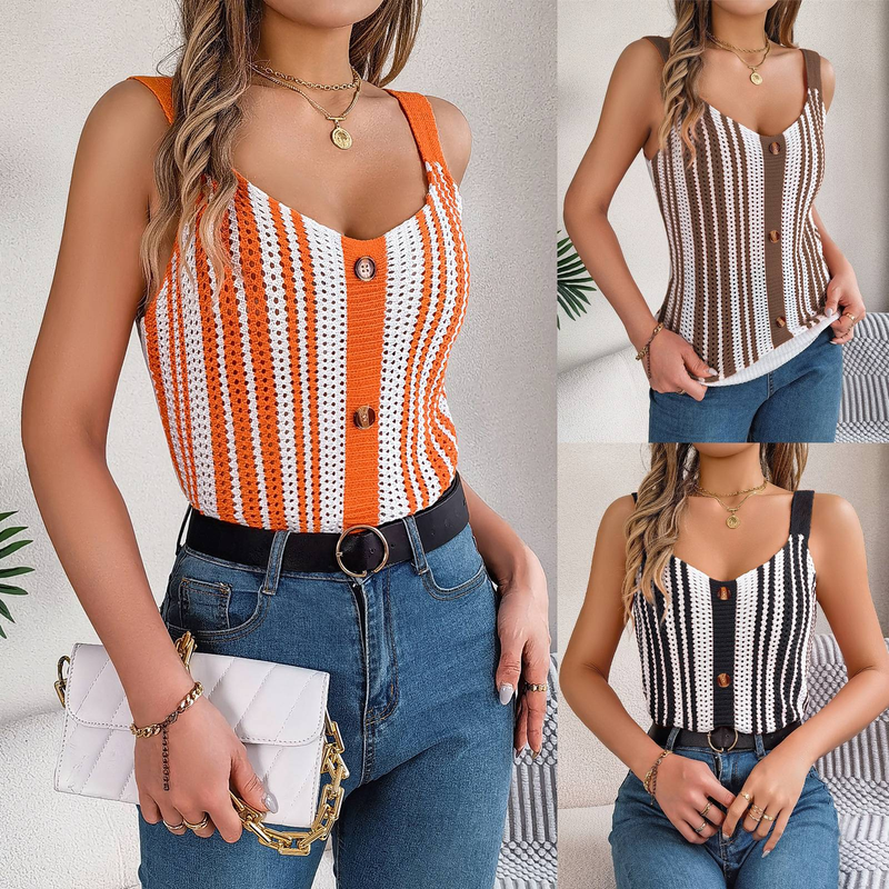 Dames lente/zomer reality shot Europa en de Verenigde Staten v-gesp contrasterende kleuren holle gebreide trui vakantie halter top_voghion.com