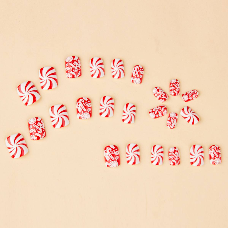 Unghie finte natalizie con motivo a spirale e glitter rossi, design semplice, toppa per nail art indossabile, unghie finte rimovibili_voghion.com