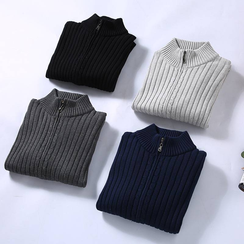 Maglione da uomo in maglia con cerniera - Cotone elasticizzato, vestibilità comoda, collo alto, casual e caldo (nero, grigio, blu navy)_voghion.com