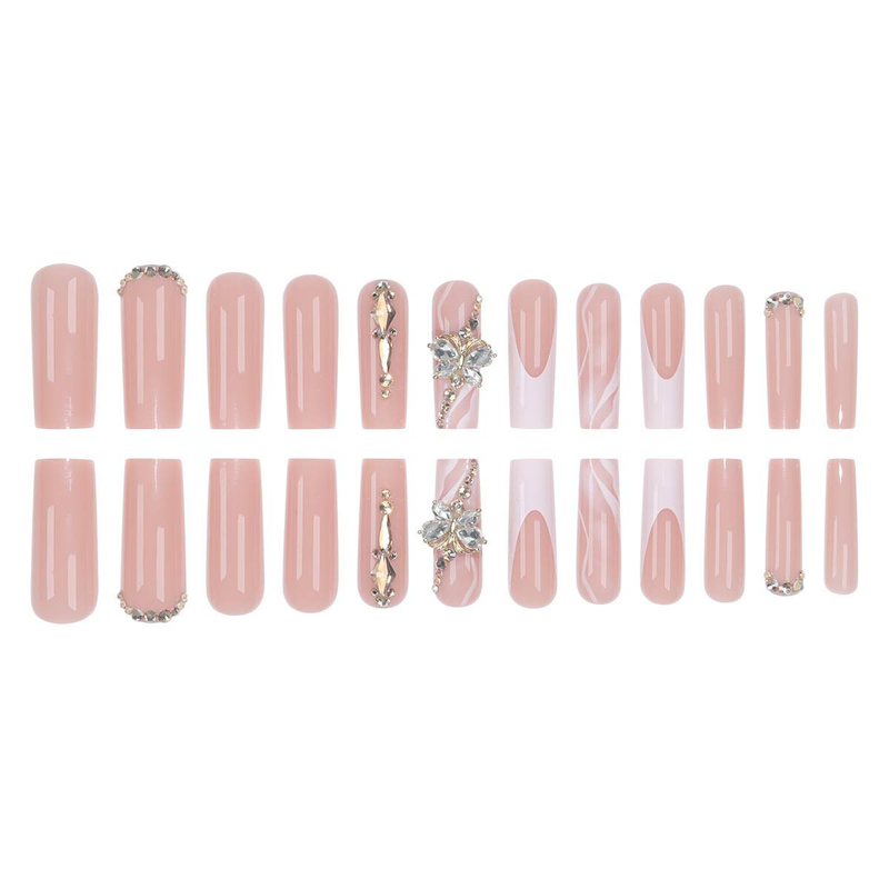 Elegante French Tip Press-On-Nägel mit champagnergoldener Schleife und Glitzer-Strasssteinen – Lange Kunstnägel für Damen, trendiges und glamouröses Maniküre-Set_voghion.com