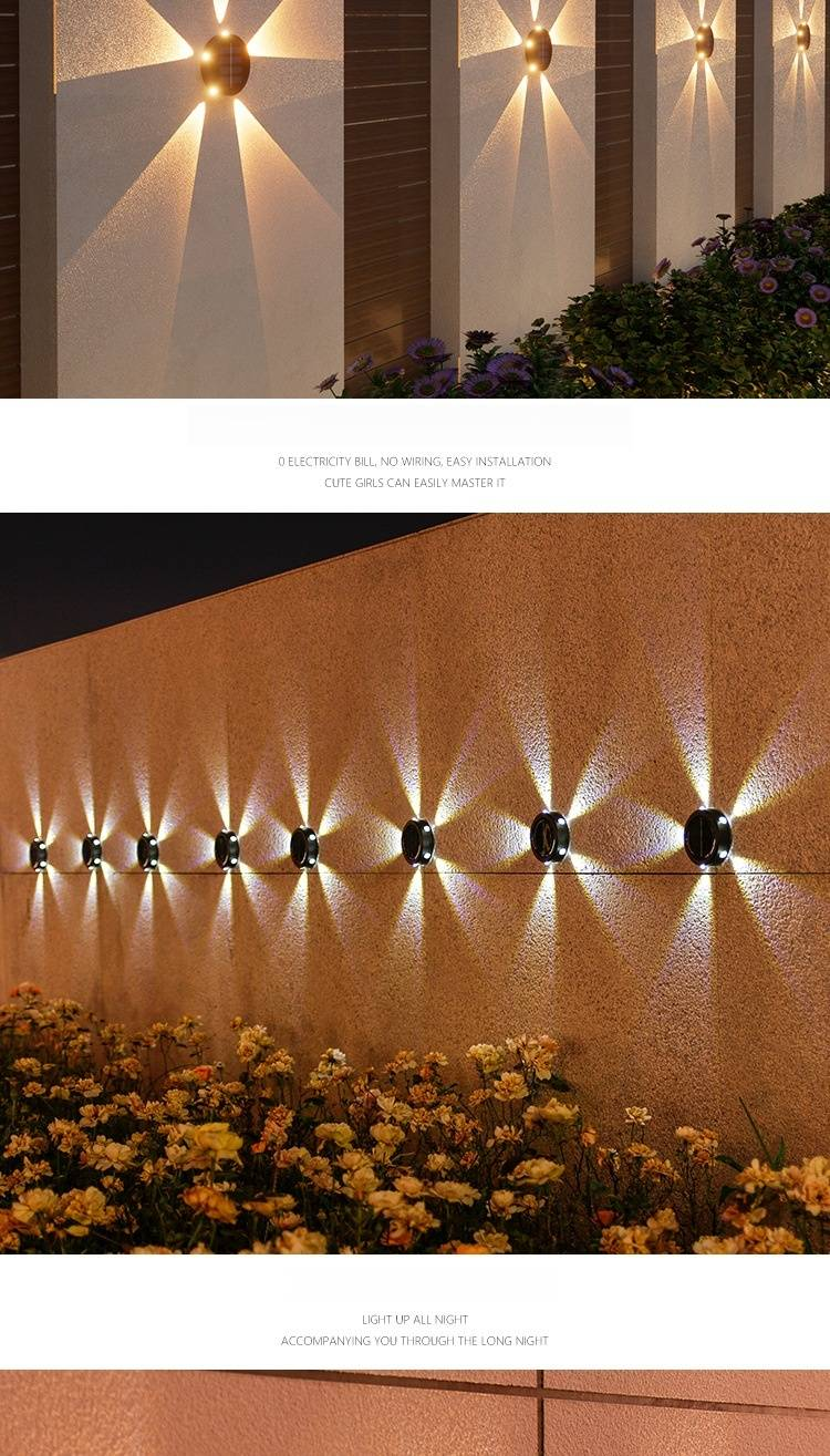 Luminárias de parede solares para áreas externas, luzes de jardim à prova d'água com 5 LEDs, luz branca/quente, iluminação decorativa para pátios, quintais, cercas e caminhos_voghion.com