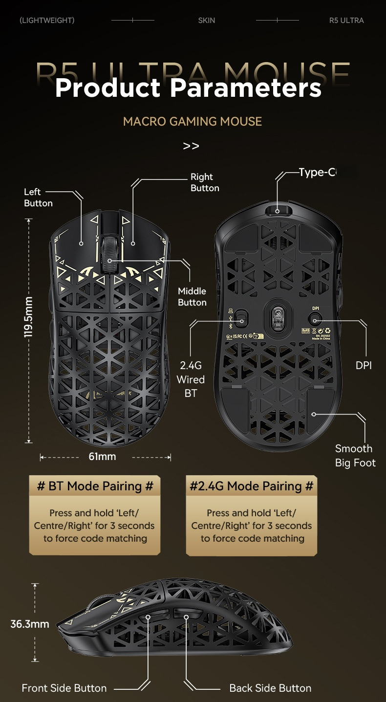 Ratón inalámbrico para juegos de fibra de carbono 8K, 42 g, ligero, PAW3950MAX, 42 000 DPI, ultraligero para esports FPS_voghion.com