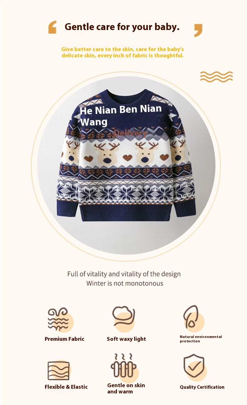 Soft Knit Christmas Cartoon Sweater For Kids - Cozy Round Neck Pullover With Fun Animal & Letter Patterns (2Y-6Y, Red/Navy)_voghion.com