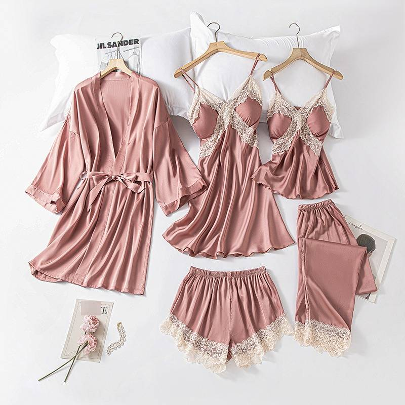 Pigiama in seta ghiacciata – Pigiama estivo da donna, 5 pezzi, con spalline regolabili e imbottitura sul petto (M-XXL, nero/viola chiaro/bianco/pesca/giallo/rosa)_voghion.com