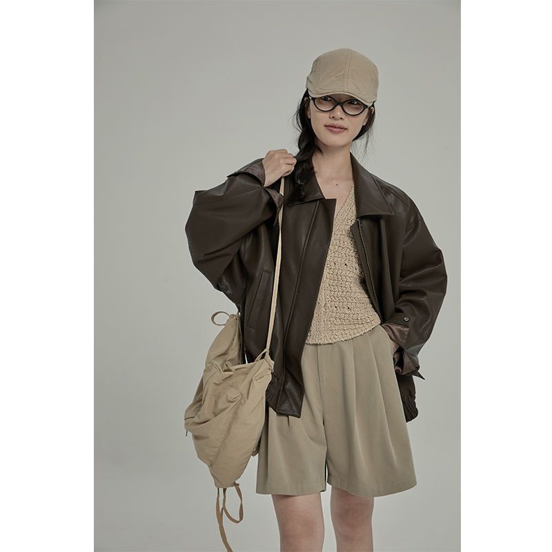 Women's Clothing Retro PU Leather Short Motorcycle Jacket For Women Autumn And Winter New Loose Leather Lapel Jacket_voghion.com