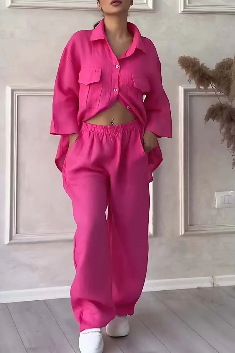 Abbigliamento da donna, due pezzi, camicia in cotone e lino, completo, pantaloni larghi a vita alta, taglie forti_voghion.com