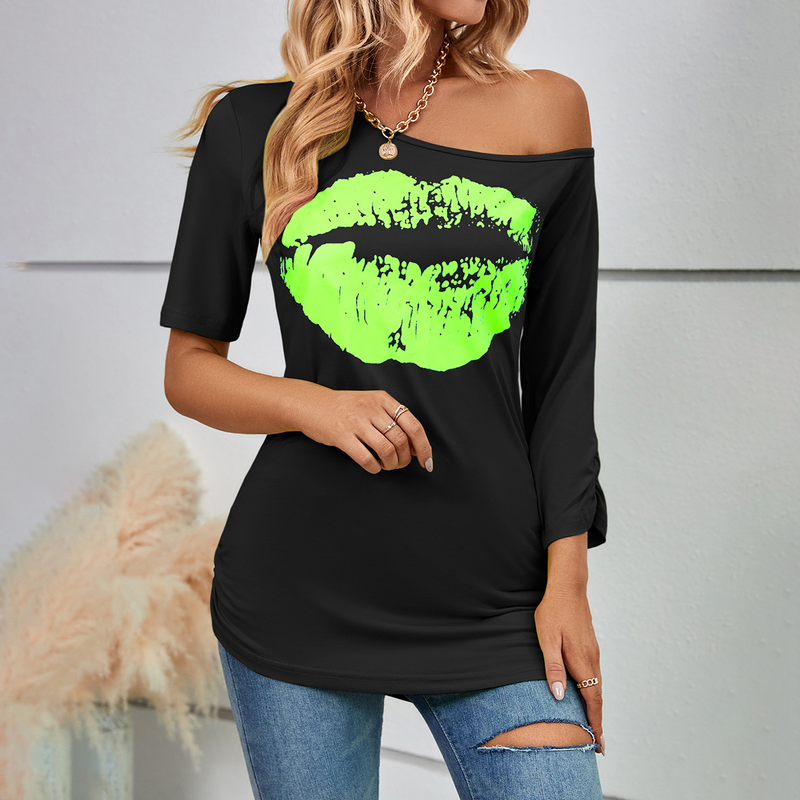 Damen Love bedrucktes Kurzarm-T-Shirt, schulterfreies, unregelmäßiges Ärmel, langes, modisches, schmales Oberteil_voghion.com