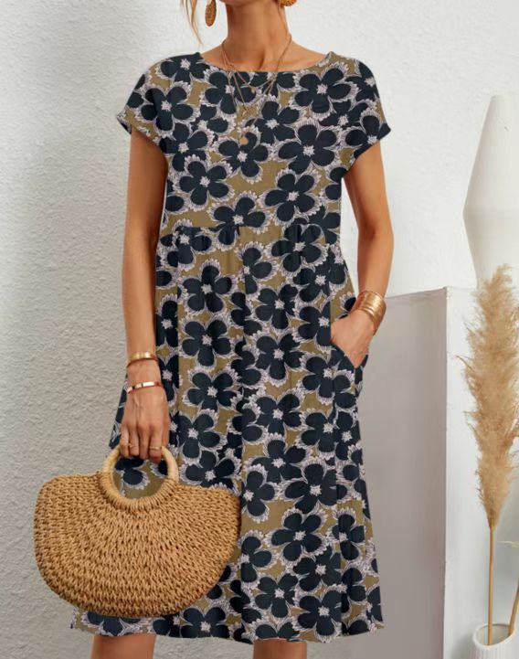 Abito estivo stampato con scollo rotondo senza maniche in cotone largo e alla moda da donna 2024_voghion.com