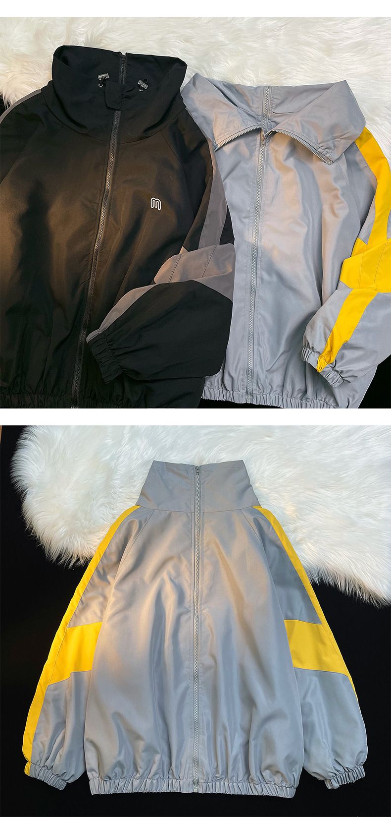 American Retro Workwear Jacket - Unisex Loose-Fit Spring/Autumn Color-Block Stand Collar Couple's Windbreaker_voghion.com