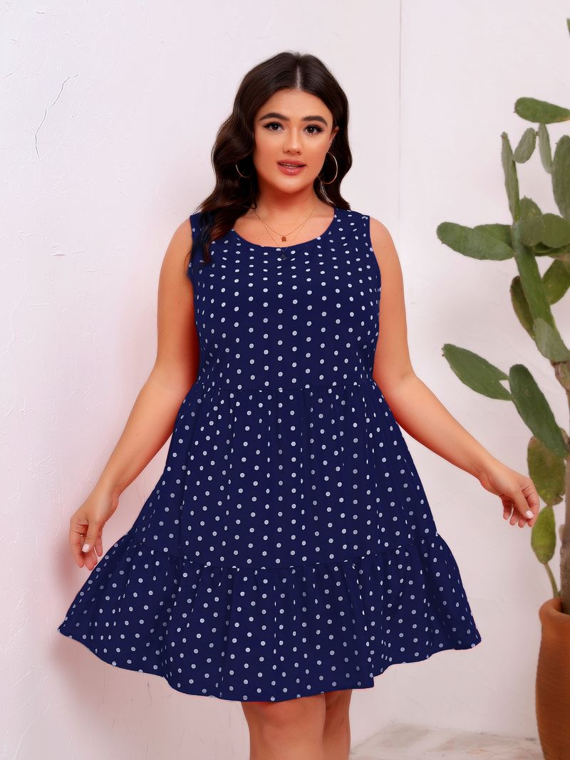 Women's Clothing Round Neck Sleeveless Polka Dot Loose Large Swing Ruffle Dress_voghion.com