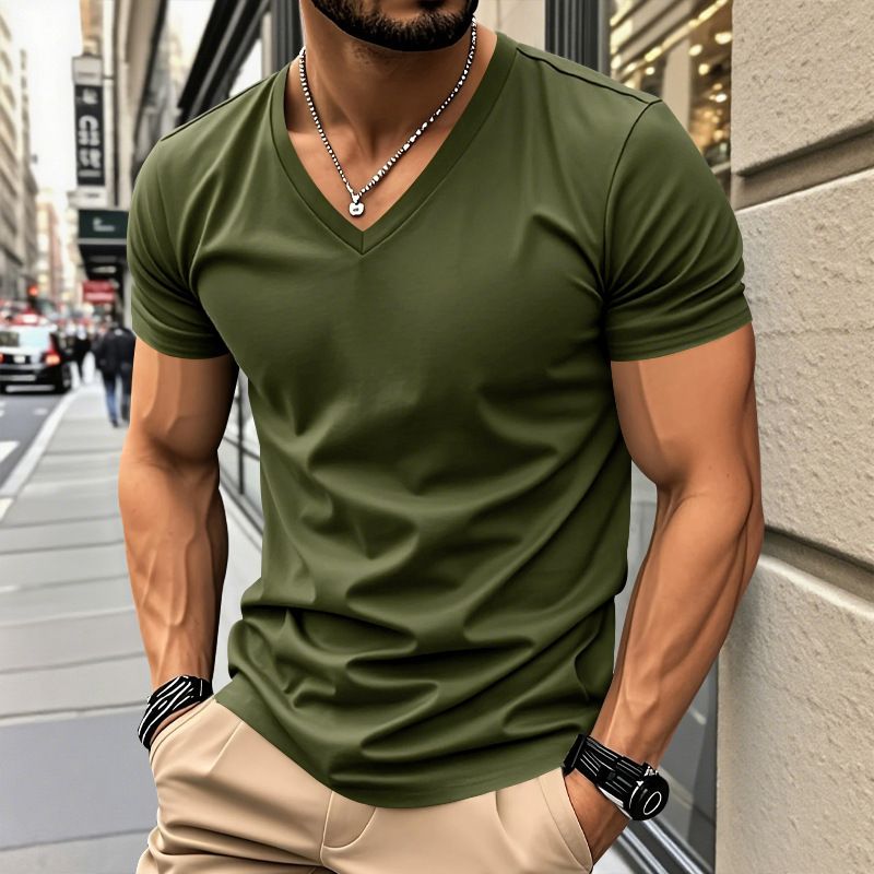 Herrenbekleidung T-Shirt Einfarbig V-Ausschnitt Kurzarm Sommer Neue Große Größe Trend Tops_voghion.com