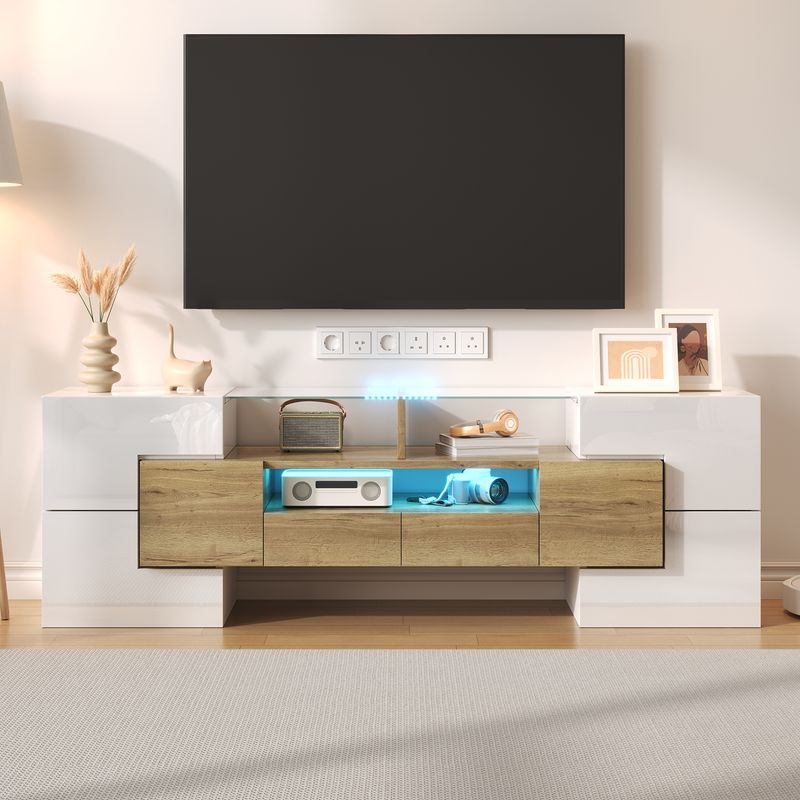 Meuble TV moderne, buffet bas blanc brillant de 145 cm avec éclairage LED, surface en verre élégante, mobilier de salon contemporain_voghion.com