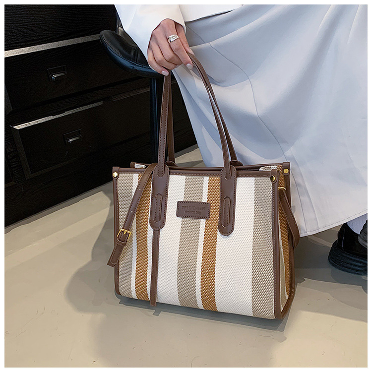 Nowa torba z grubej bawełny o dużej pojemności płócienna torba damska transgraniczny handel zagraniczny kontrastowy kolorowy pasek torba na ramię trend w modzie torba listonoszka_voghion.com