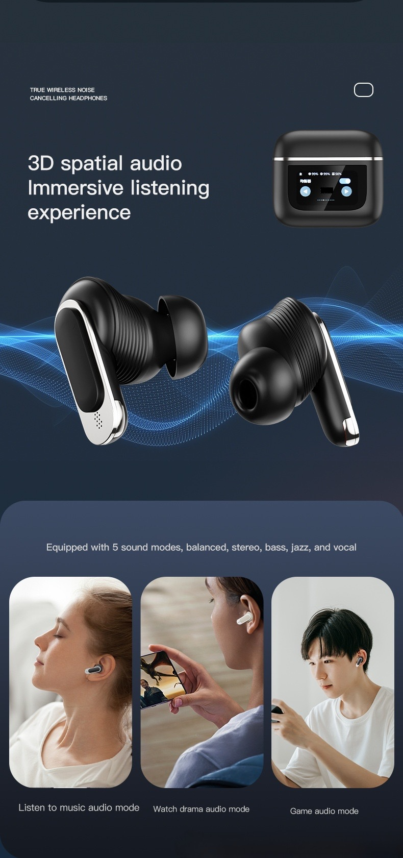Nuevos auriculares tws inalámbricos simples con reducción de ruido ANC con pantalla táctil inteligente a todo color LCD V8 en inglés_voghion.com