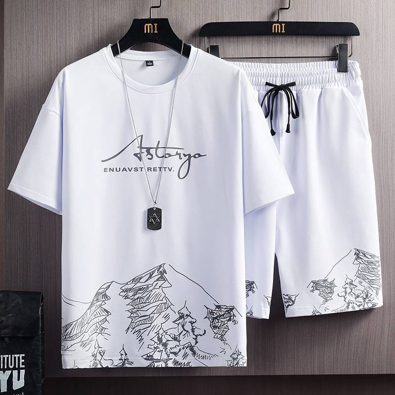Men's Short-Sleeved T-Shirt Suit Snow Mountain Print Fashion Trend Slim Fit Large Size Sports Two-Piece Set_voghion.com