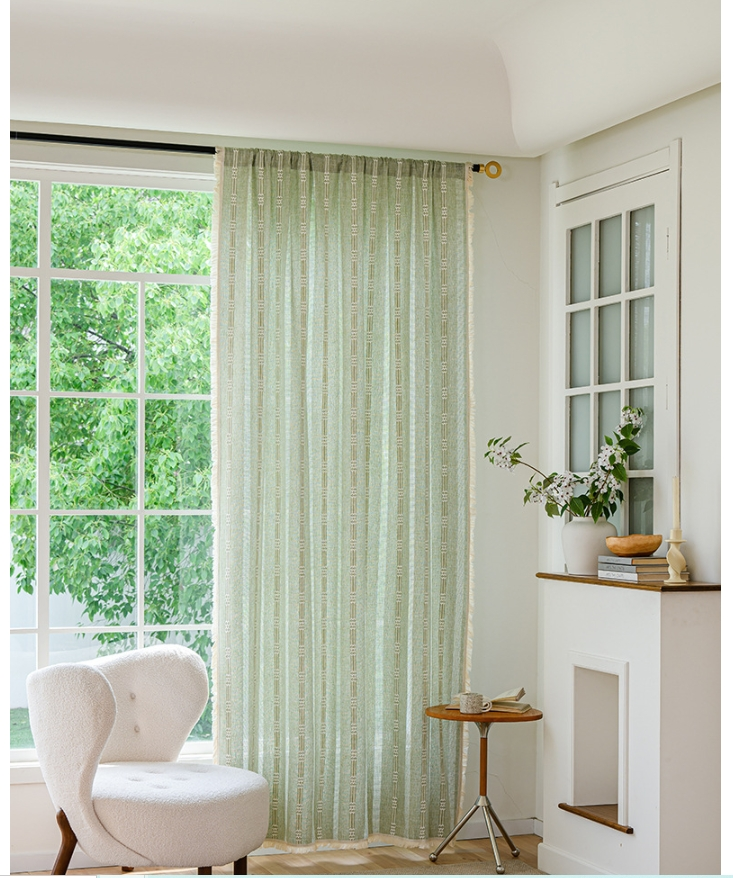 Cortinas de mistura de linho japonês - Painel de janela semitransparente com listras bordadas para cozinha/quarto, vários tamanhos e cores, bolso para haste/ganchos/ilhós_voghion.com
