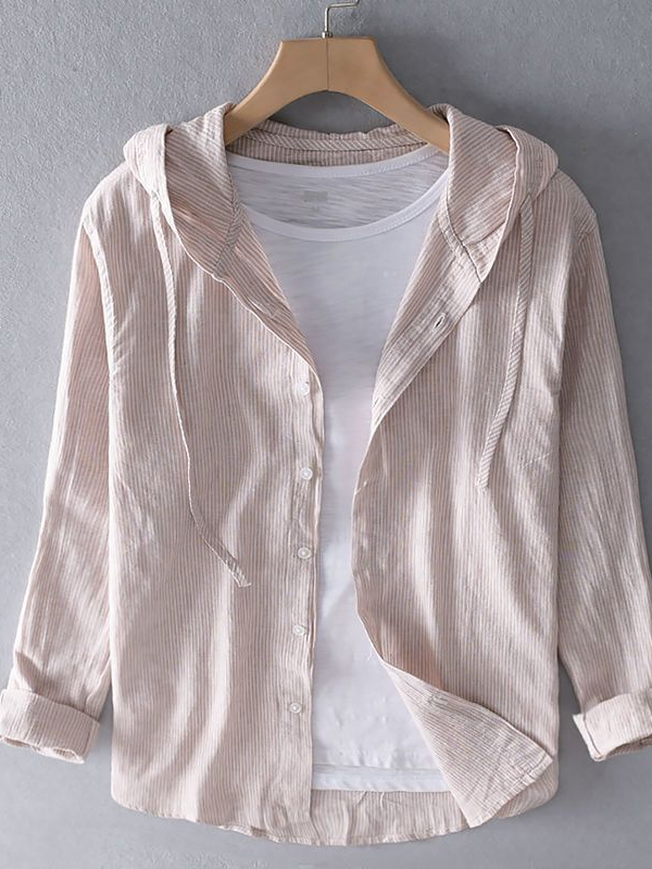 Chemise à manches longues en lin et coton mélangés pour homme – Chemise à capuche avec protection solaire UPF pour l'été, respirante, coupe ample et décontractée_voghion.com