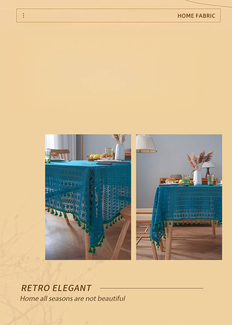 Luxuriöse geometrische Tischdecke – ölbeständig, hitzebeständig, rutschfeste Esstischdecke für Zuhause und Café (100 x 150 cm bis 150 x 300 cm, Marineblau mit Quasten)_voghion.com