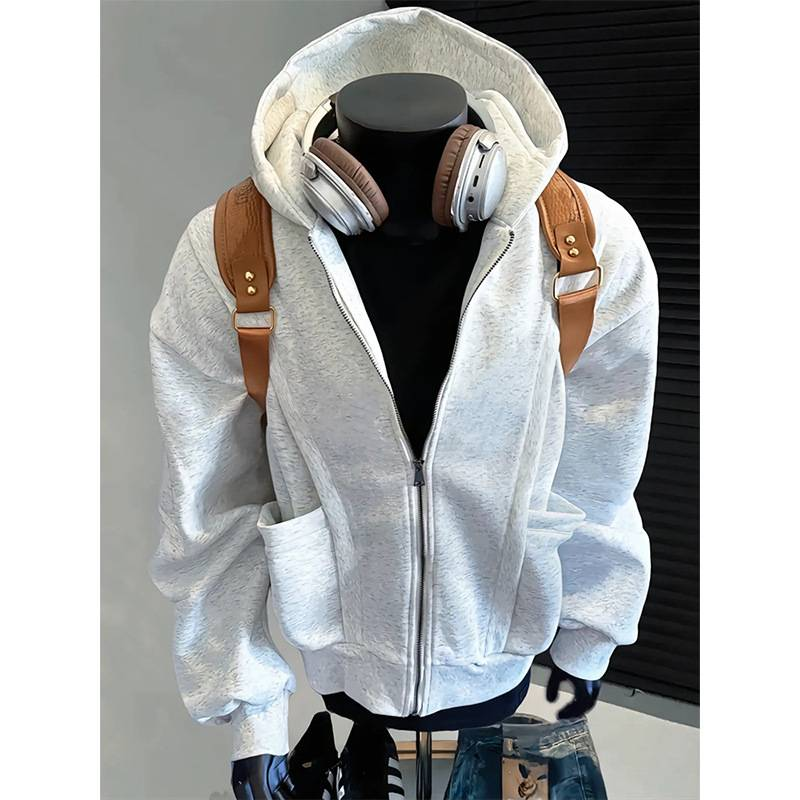 Felpa retrò da uomo Felpa con cappuccio e cerniera pesante vintage da uomo - Giacca streetwear oversize con stile destrutturato_voghion.com