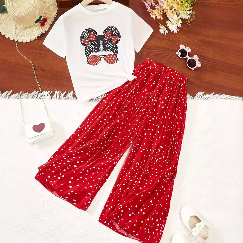 "Set da 2 pezzi con top senza maniche stampato e pantaloni larghi a pieghe per bambine alla moda - Poliestere traspirante, sicuro di classe B, alla moda per bambini dagli 8 anni in su (140 cm in su)"_voghion.com