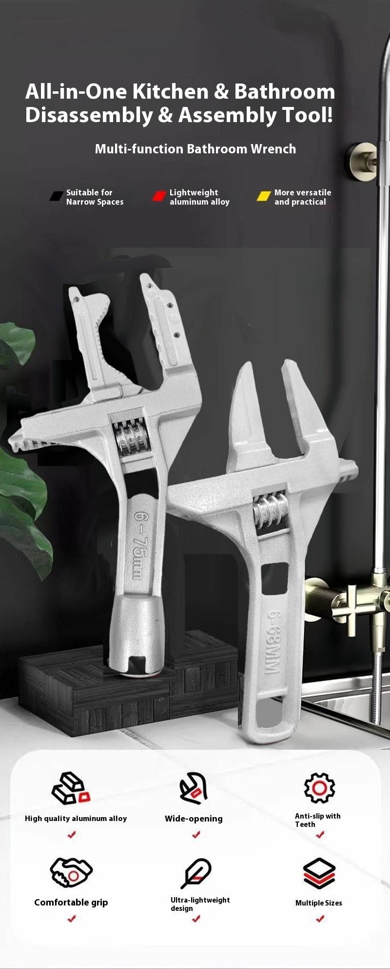 Multi-Purpose Wrench For Plumbing & Bathroom - Short Handle, Wide Jaw, Adjustable Spanner For Faucet Installation & Repair, Durable Iron Construction_voghion.com