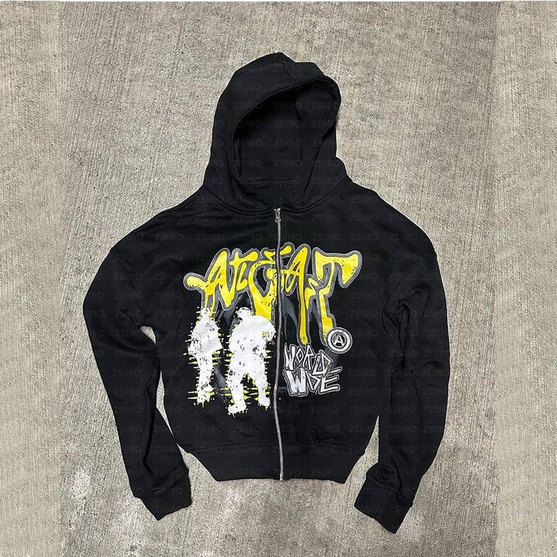 Gothic Hip-Hop Kapuzenpullover mit Reißverschluss und Portrait-Print – Streetwear-Mode für Männer und Frauen_voghion.com
