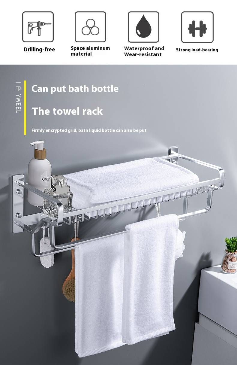 Space Aluminum No-Drill Bathroom Shelf – Wall-Mounted Shower Organizer With Mesh Basket, Rustproof Towel Rack For Bathroom & Toilet_voghion.com