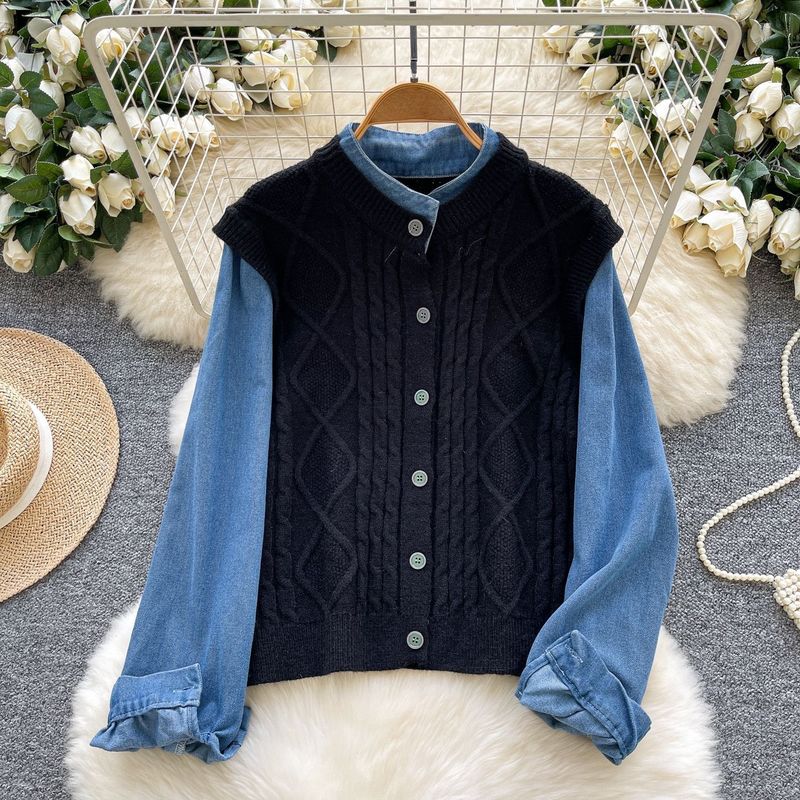 Veste deux pièces style coréen en tricot et denim – Haut à manches longues pour femme au point crochet avec empiècements contrastés (taille unique)_voghion.com