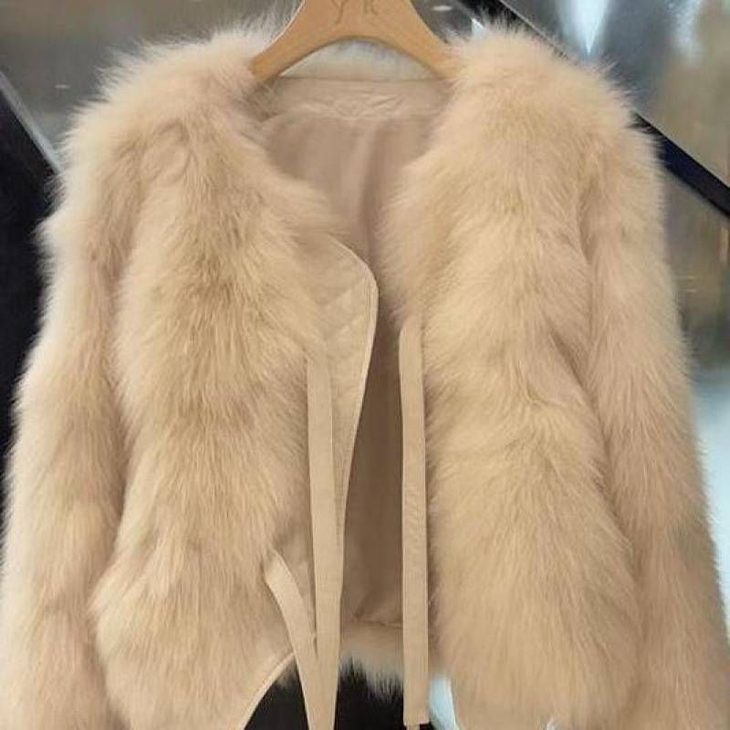 Kunstfuchspelzjacke für Damen, kurz, locker, lässig, Wintermantel mit Gürtel – weiche und stylische Oberbekleidung in Beige, Schwarz, Latte und Creme_voghion.com