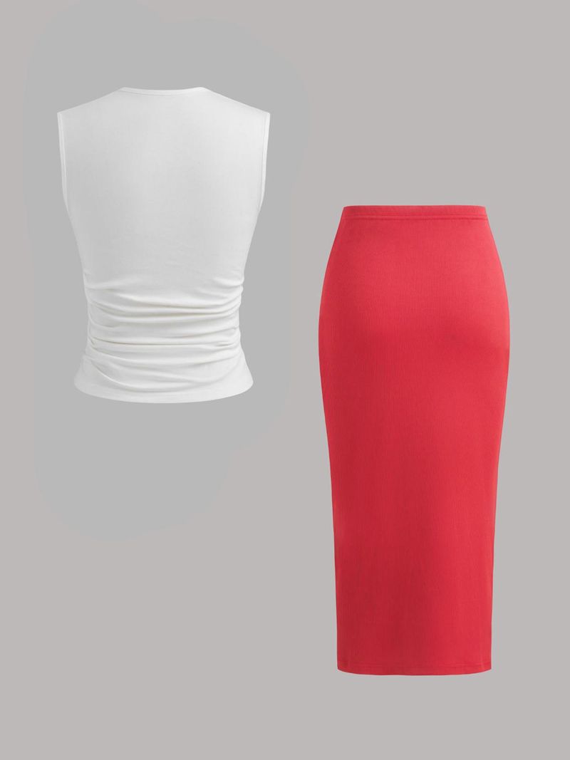 2025 Spring And Summer New Ribbed Ruffles Drawstring Slit Midi Skirt White Printed Square Neck Top Set_voghion.com