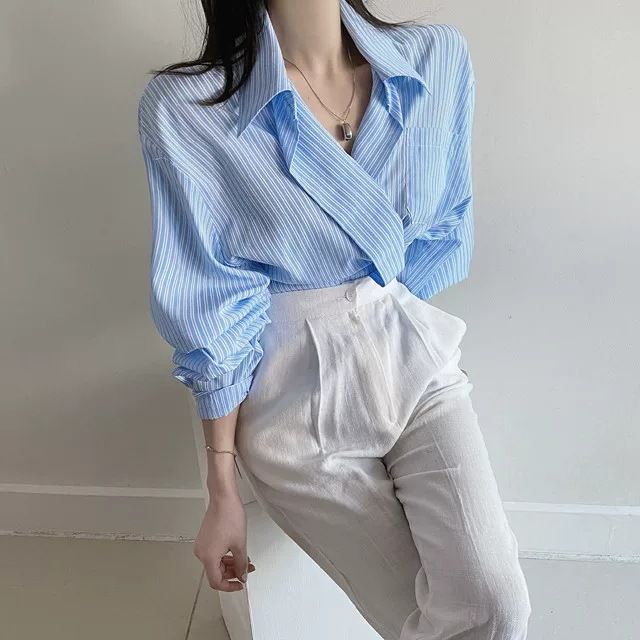 2024 Spring and Autumn New Korean Chic Gentle Striped White Collar Single breasted Loose Casual Long Sleeve Shirt_voghion.com