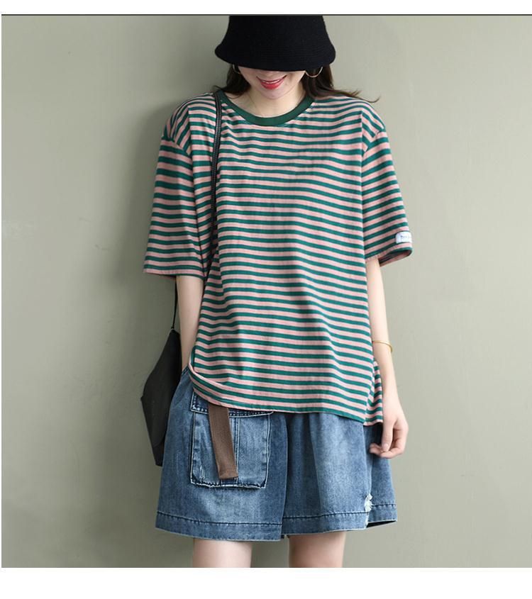 Hot Selling Trendy Gestreepte Korte Mouw T-Vrouwelijk 2024 Zomer Nieuwe Koreaanse Versie van de Top Losse Veelzijdige Half-Mouw Body_voghion.com