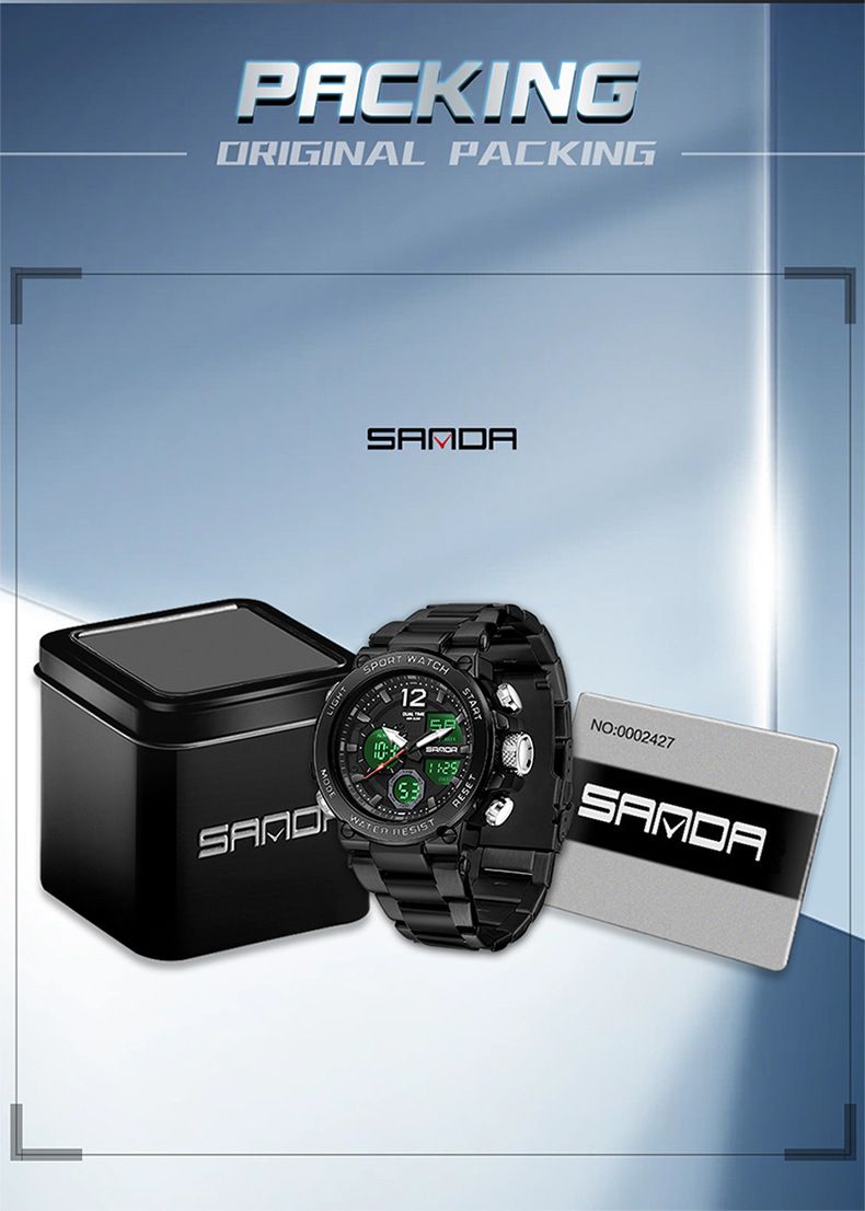 Montre homme en acier inoxydable à double affichage, multifonctionnelle : étanche, rétroéclairage LED, chronomètre, alarme, heure universelle, bracelet en acier inoxydable._voghion.com
