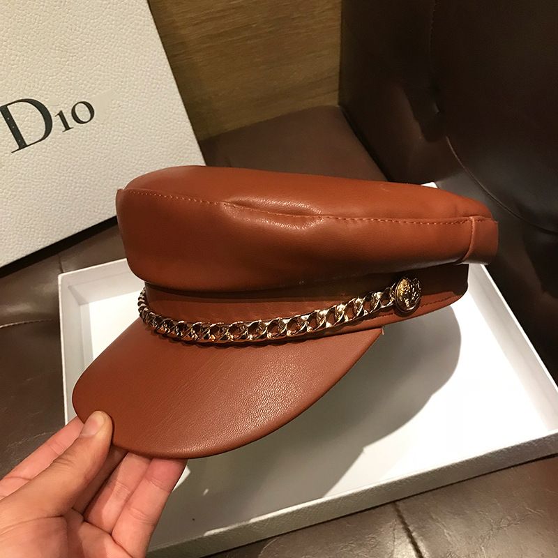 Nya ankomster Mode Enfärgad PU-läderkedja Dam vintermössa 2024 Konstnär All-Match Beret Vår Casual Resor Shopping Dam_voghion.com