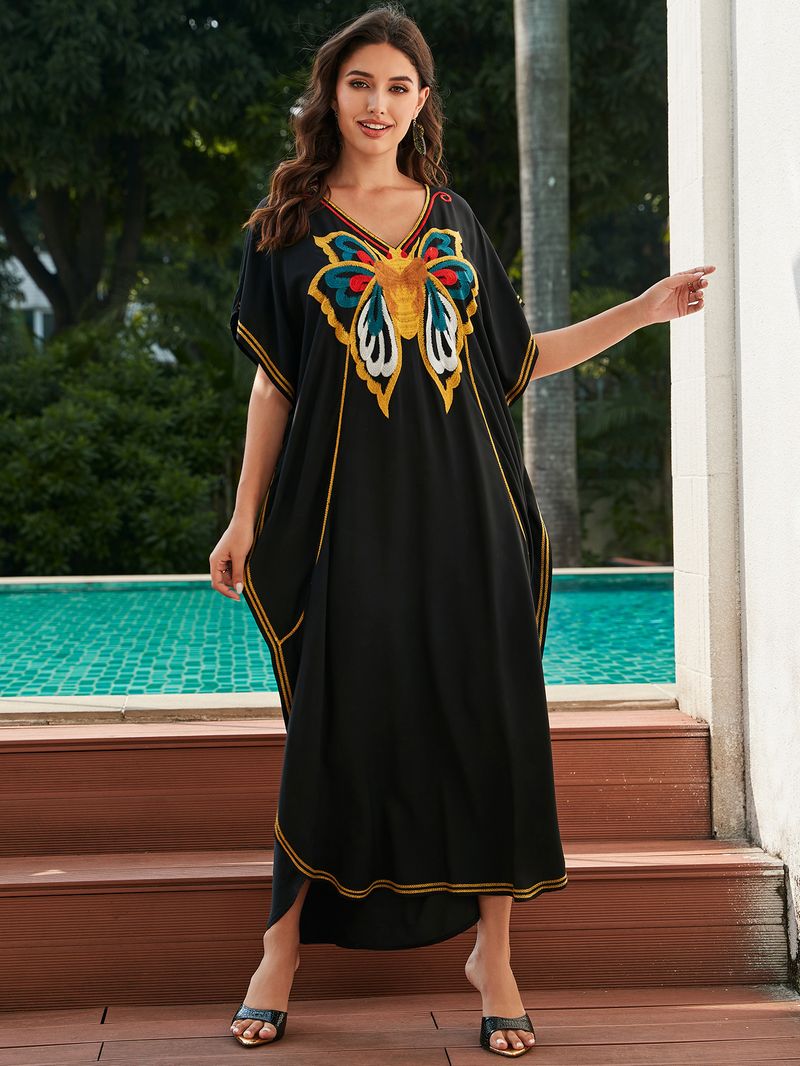 Bohemian Cotton Maxi Dress With Butterfly Embroidery – Flowy Beach Cover-Up, Oversized Tunic For Women, Versatile Swimwear Wrap_voghion.com