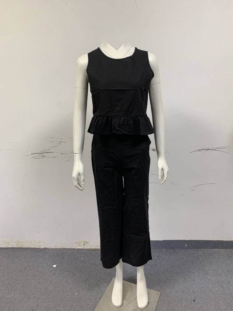 Ärmelloses Rüschenoberteil und weit geschnittene Hose aus Leinen-Baumwolle für Damen – Bohemian-Sommeroutfit_voghion.com