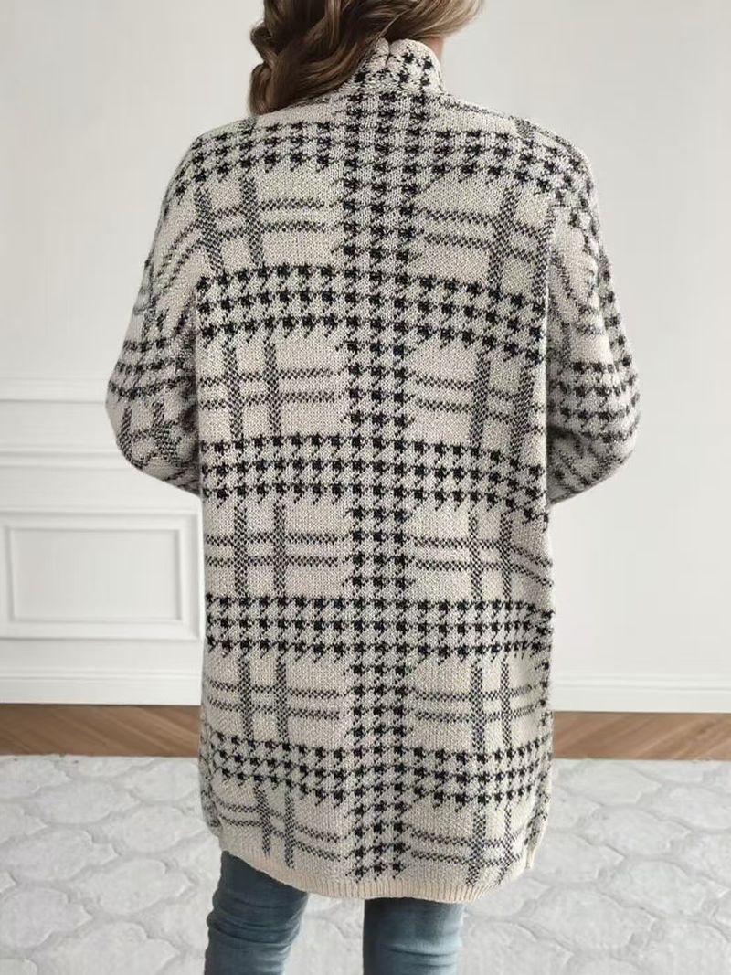 Chic Longline Houndstooth Cardigan – Oversized Open-Front Knit Wrap (Work To Weekend)_voghion.com