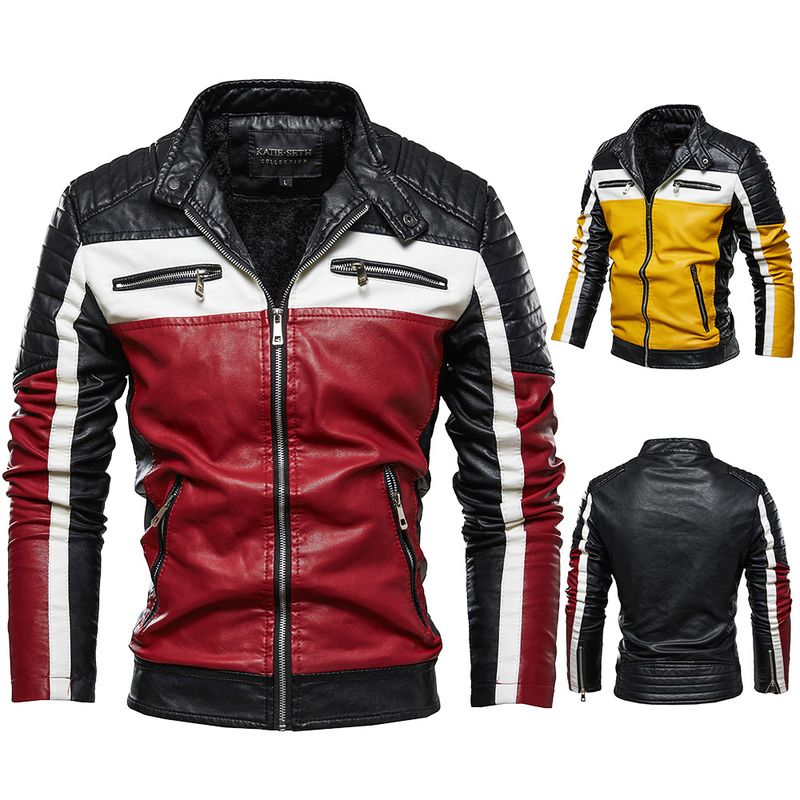 Suitable For All Seasons Fleece-Lined Men's Outerwear Youth Motorcycle Double Color Block Fashion Leather Jacket Men_voghion.com
