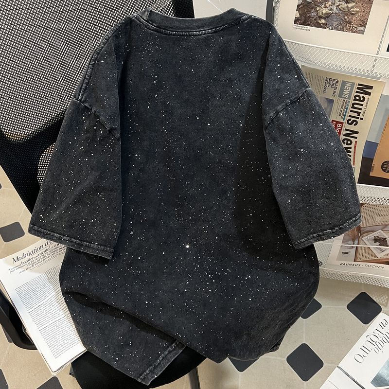 Maglietta oversize da donna in puro cotone lavato, modello American High Street, con cielo stellato e maniche corte_voghion.com