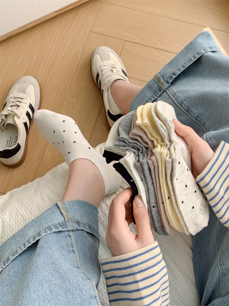 Calzini estivi da donna in cotone, traspiranti e assorbenti del sudore, calzini corti giapponesi a pois, calzini invisibili e poco profondi che non cadono_voghion.com