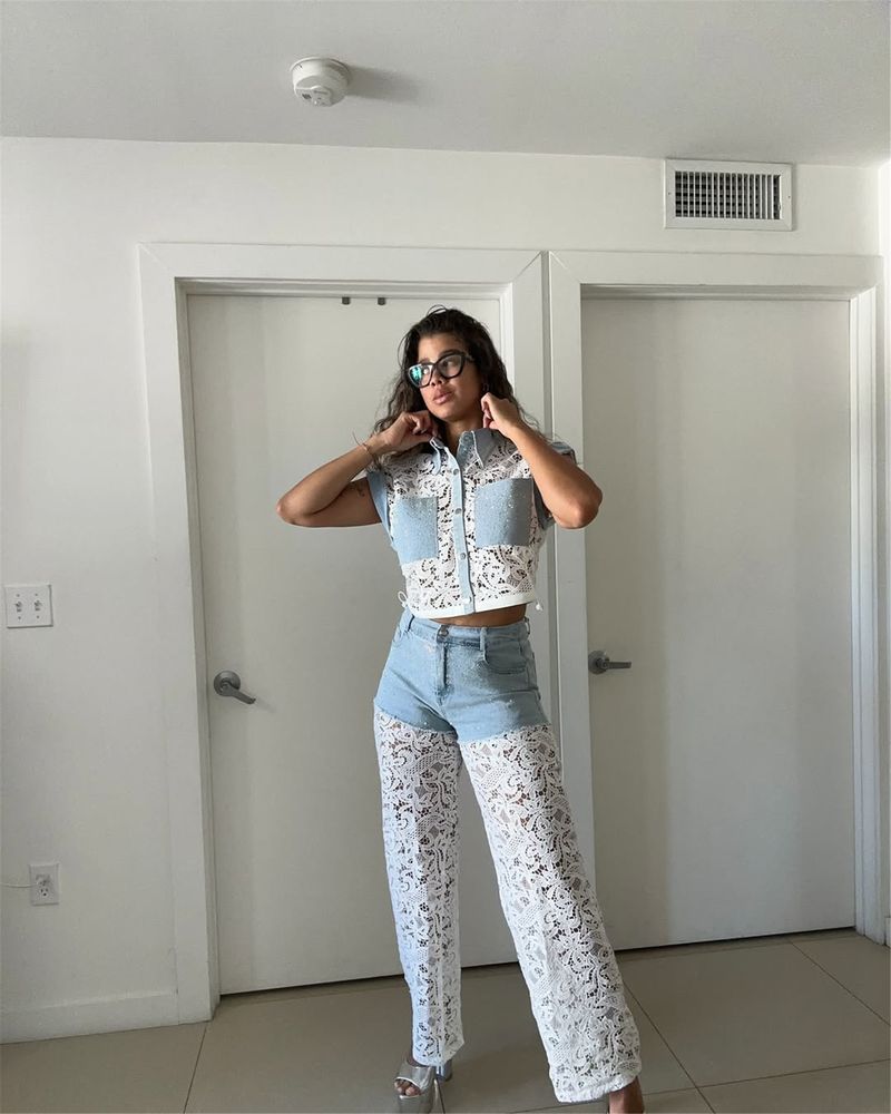 Summer Women's Denim & Lace 2-Piece Set – Cropped Sleeve Top & Straight-Leg Pants (S-XXL) | Trendy Streetwear With Rhinestone Details_voghion.com
