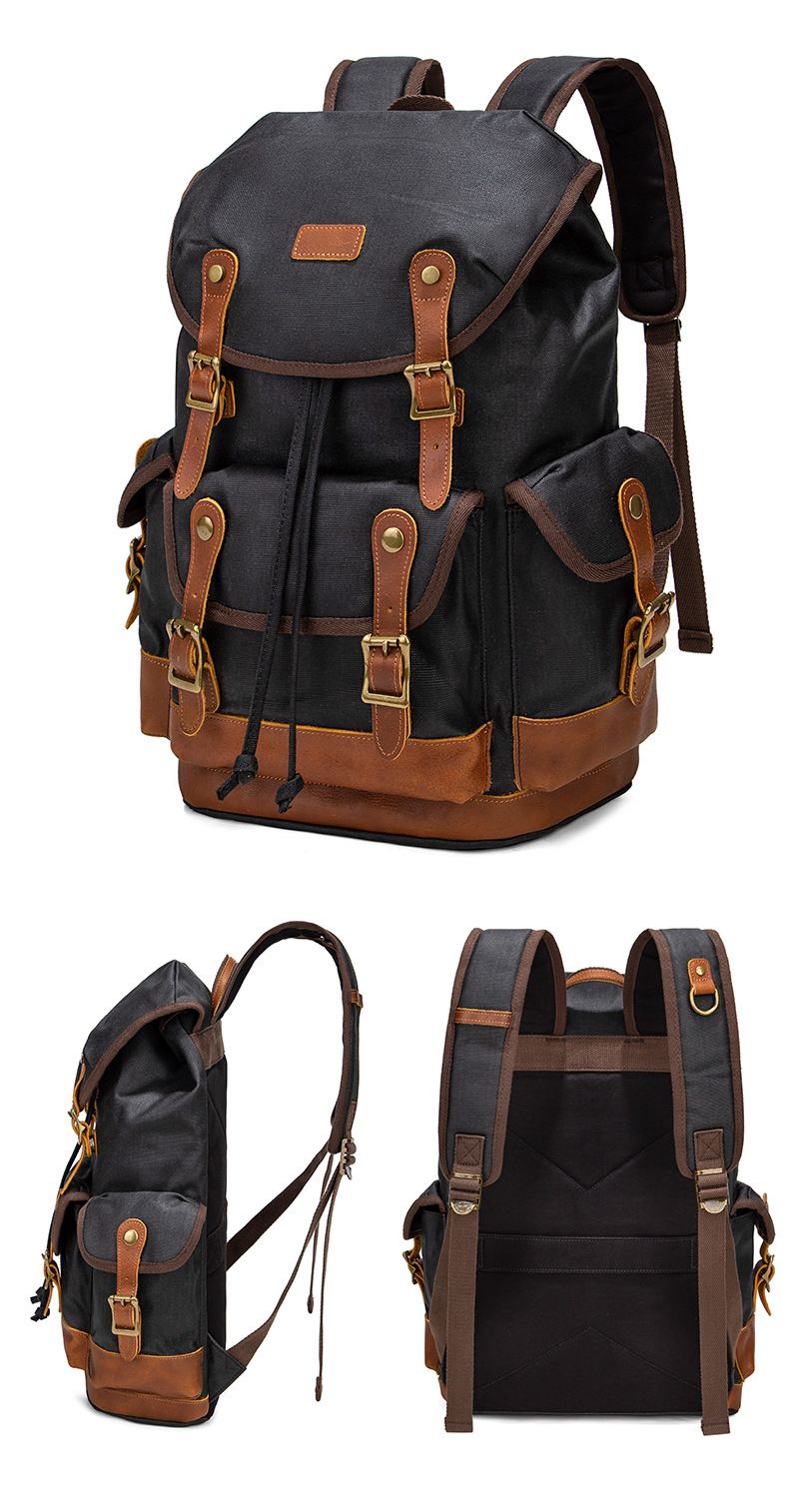Canvas Casual Men's Backpack, Retro Top Layer Cowhide, Outdoor Travel Waterproof Backpack_voghion.com