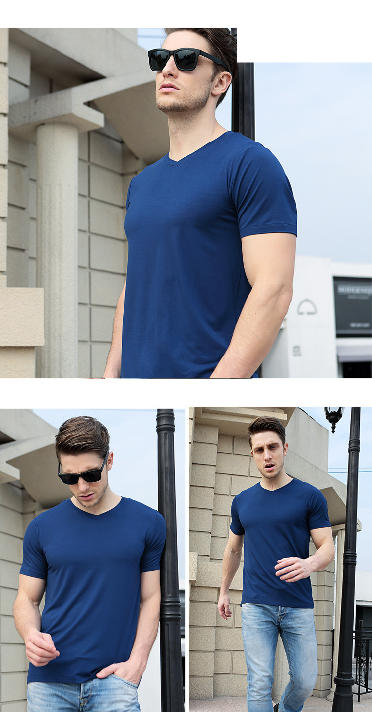 Herrenbekleidung: Bambusfaser-Herren-Kurzarm-T-Shirt, einfarbig, elastisches Herren-Unterhemd, V-Ausschnitt, Modal-Hemd mit halben Ärmeln_voghion.com