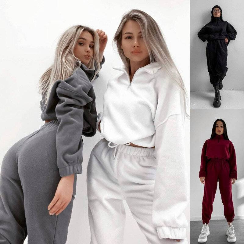 Conjunto de 2 piezas de ropa deportiva para mujer, traje informal, pantalones, sudadera con capucha y pantalón de color sólido, chándal, traje deportivo, sudadera tipo pulóver_voghion.com