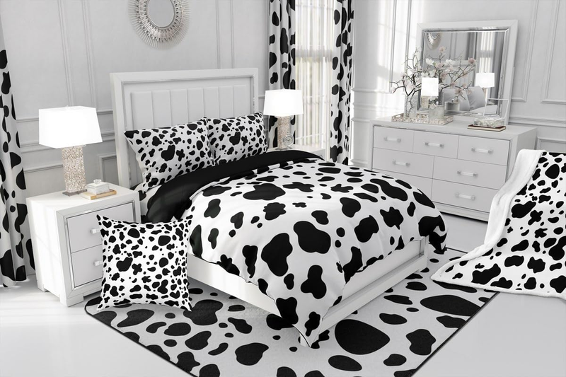Set copripiumino con stampa di mucca in bianco e nero, per lettino, per ragazzi, con stampa di mucca da latte, copripiumino con stampa animalier e 2 federe, set per letti in stile fattoria._voghion.com